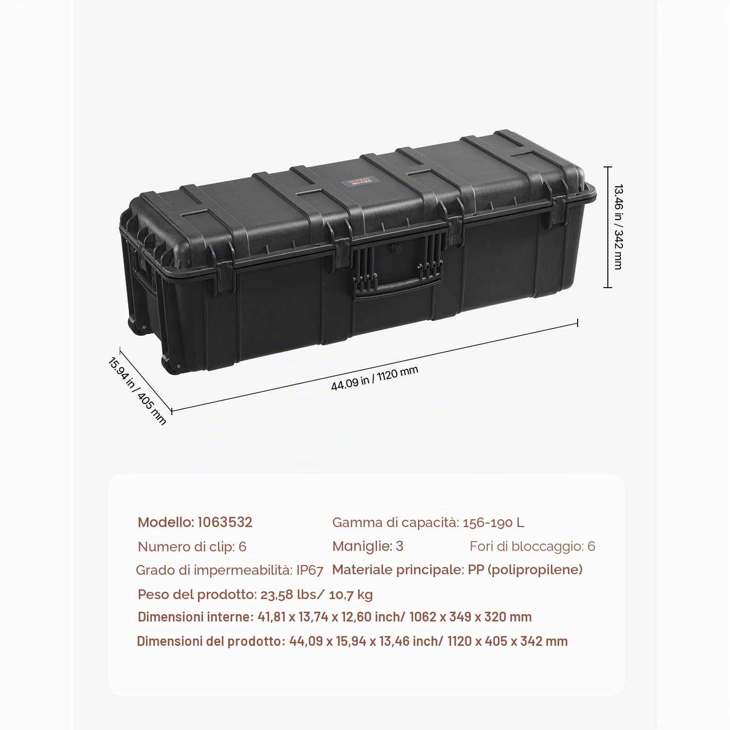 VEVOR Custodia Rigida Impermeabile 155,7 L, Custodia Protettiva Resistente alle Intemperie IP67 con 6 Clip, 6 Fori e 3 Maniglia per Lucchetto e Schiuma Inserita per Apparecchiature Grande, Nero