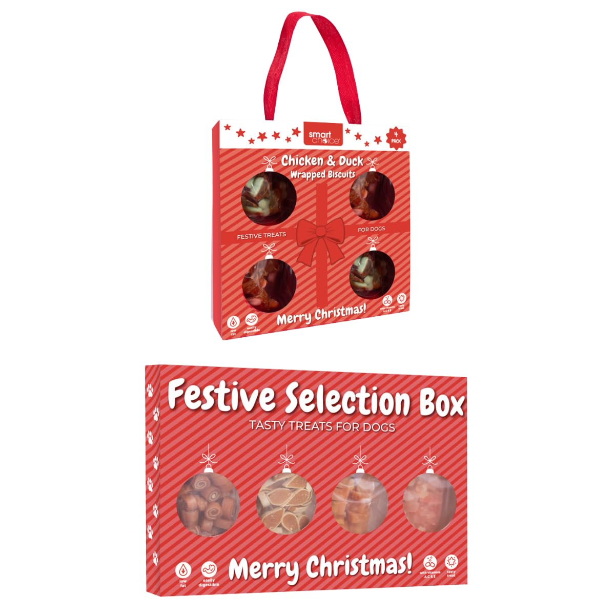 Pack of 2 - Selection Box & Chicken Duck Wrapped Biscuits Festive Dog Treats – Bags of Crunchy Snacks in Seasonal Gift Packaging – Meaty Reward Training & Stocking Fillers for Dogs at Christmas