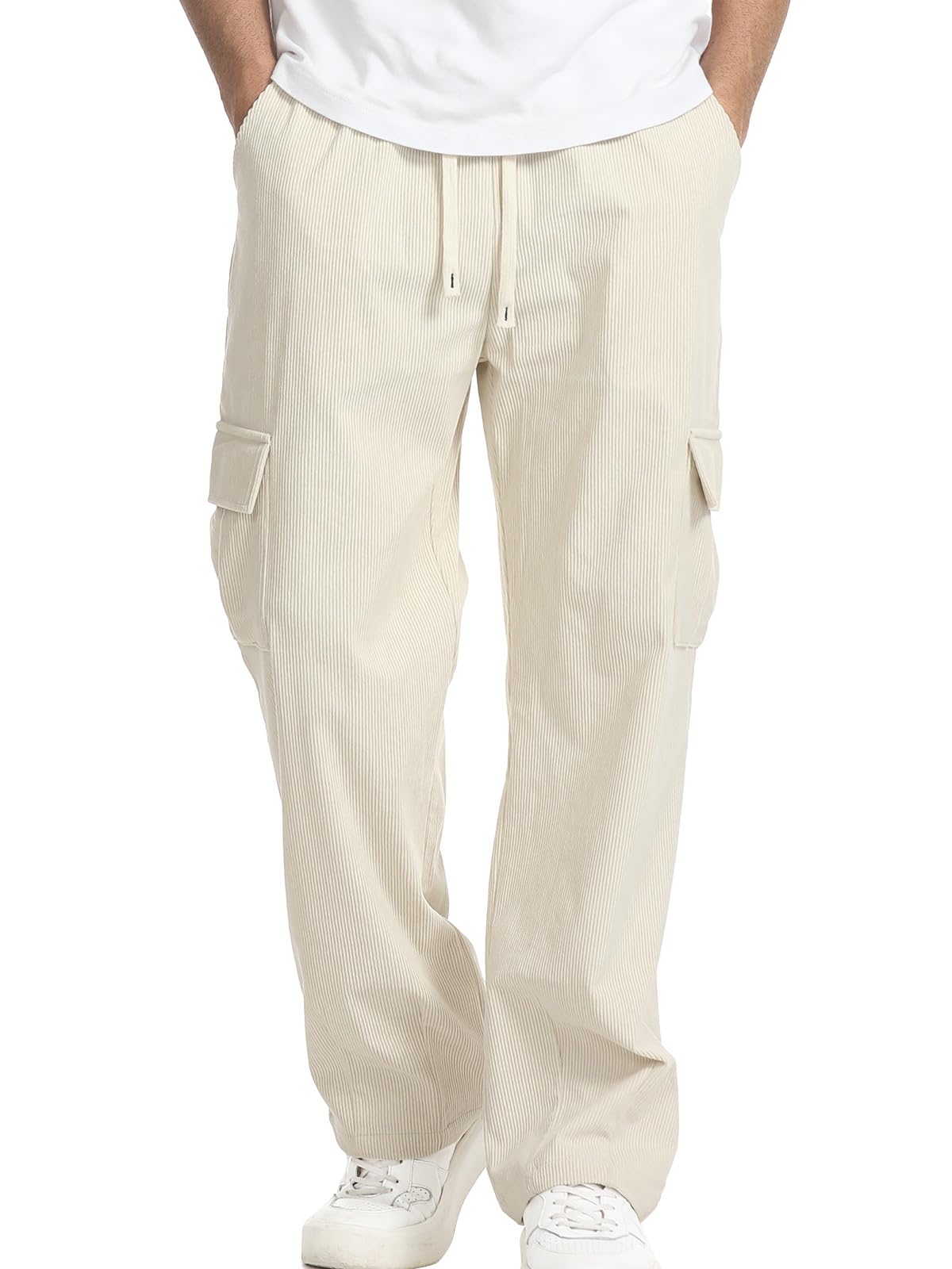 Men's Cargo Corduroy Pant Casual Drawstring Straight Leg Sweatpants