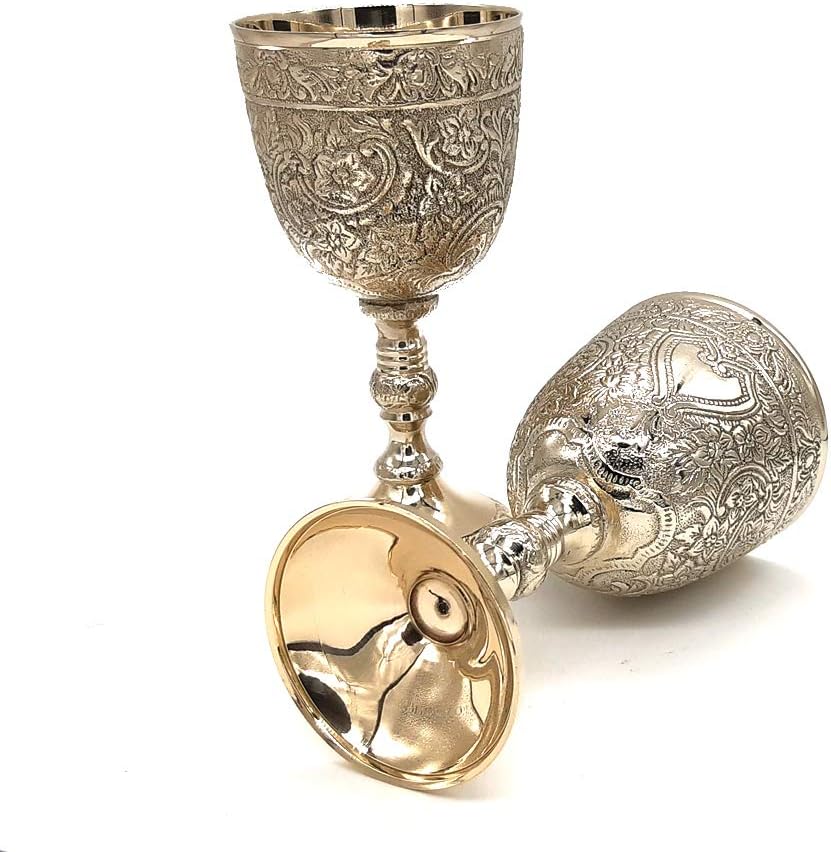 Flash Deals - 50% OFF Vintage Handmade Brass King's Royal Chalice Embossed Cup 6 inch Goblet (PACK OF 1)