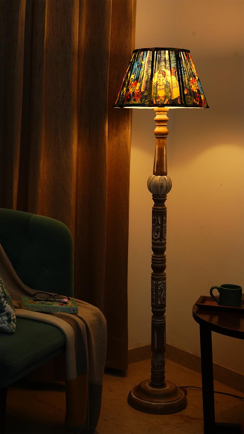 Green Girgit Dual Tone Wooden Carved Floor Lamp with Pleeted Multicolor Black Lampshade-image-1