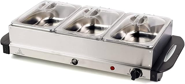Crystals® 3 Pan Buffet Server Food Warmer, 3 x 2.5 Litre Pans, 300 W, Adjustable Temperature, Food Warmer, Dual Function Hot Plate, Portable Steam Table - Catering Serving Tray
