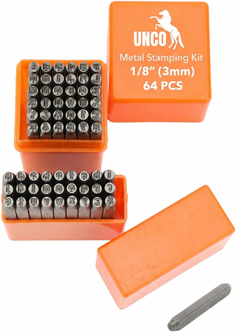UNCO- Metal Stamping Kit, 1/8" (3mm), 64 Pack, Metal Stamps for Steel, Uppercase and Lowercase Letters, Number and Heart Symbol Stamp Set for DIY Crafts, Jewelry and Leather Projects