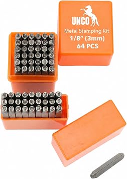 UNCO- Metal Stamping Kit, 1/8" 3mm, 64 Pack, Metal Stamps for Steel, Uppercase and Lowercase Letters, Number and Heart Symbol Stamp Set for DIY Crafts, Jewelry and Leather Projects