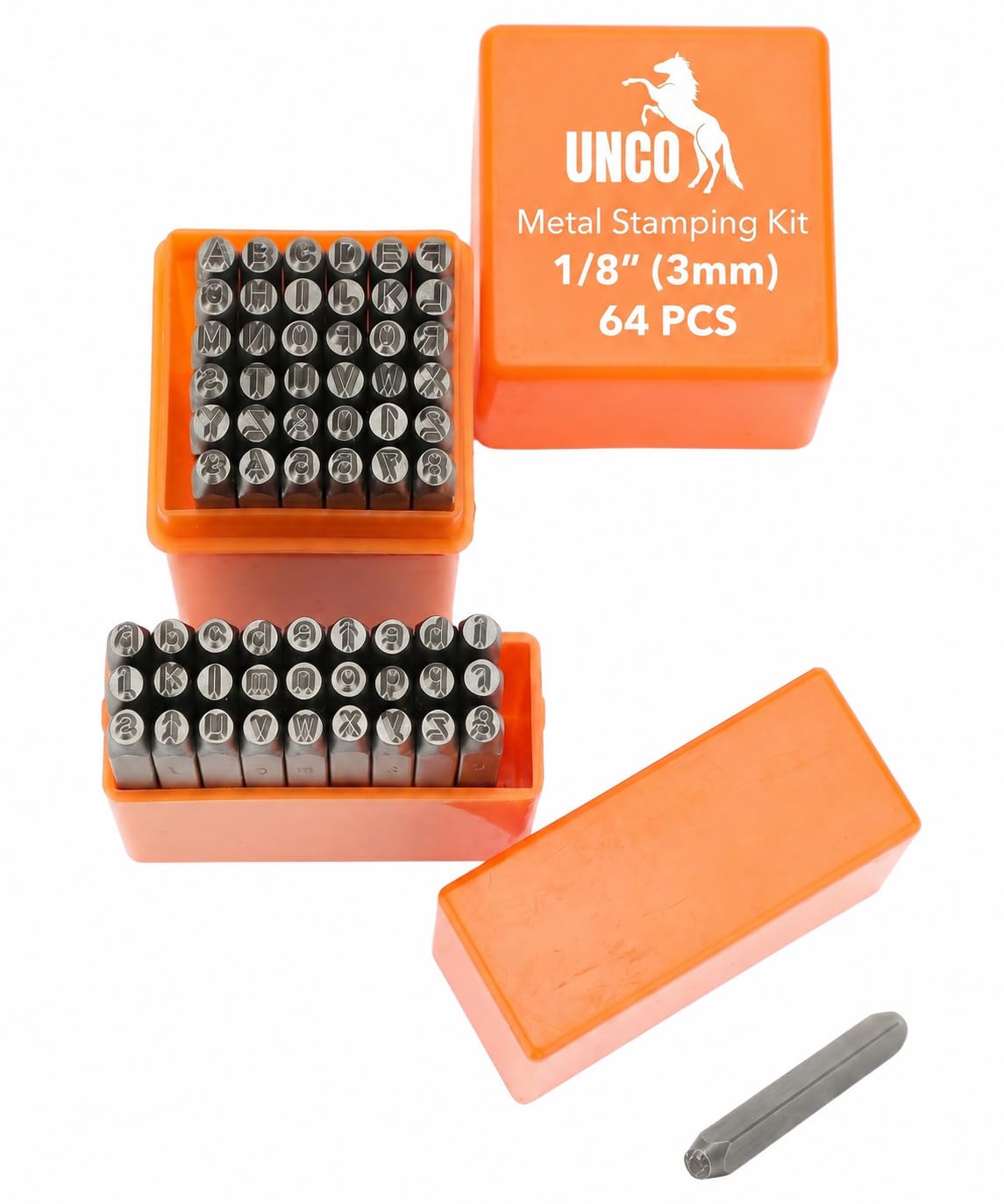 UNCO- Metal Stamping Kit, 1/8" (3mm), 64 Pack, Metal Stamps for Steel, Uppercase and Lowercase Letters, Number and Heart Symbol Stamp Set for DIY Crafts, Jewelry and Leather Projects