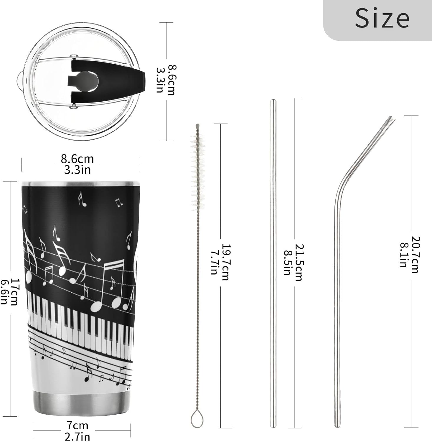 20 oz Piano Keys Music Note Insulated Tumbler Coffee Mug Double Wall Vacuum Travel Mug with Straw and Lid Stainless Steel - Image 3