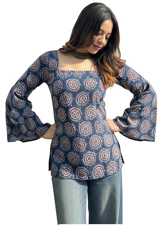 Image of ANNI Designer Women's Viscose Blend Printed Short Kurti | Straight Fit Ethnic Top with Square Neck | Bell Sleeve Indian Kurta for Office College, Party