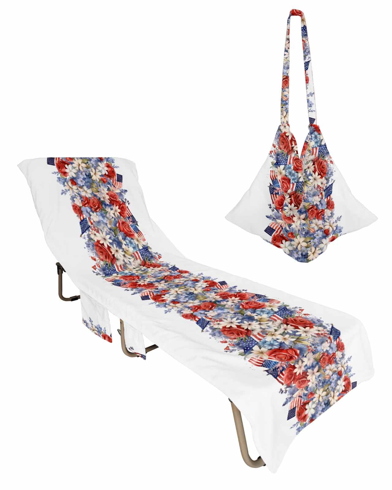 Blue Red 4th of July Beach Lounge Chair Towel Cover, Soft Chaise Lounge Towel with Side Pockets Patio Pool Chairs Cover for Beach/Pool Sunbathing 29x85 Independence Day Flowers Red Blue