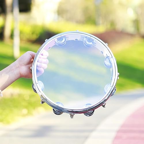 Miniatura 6 de Banda de tambor de mancuerna de doble fila autoajustable de 8 pulgadas, tambor de palmada de mano, pandereta para panderetas de iglesia para adultos