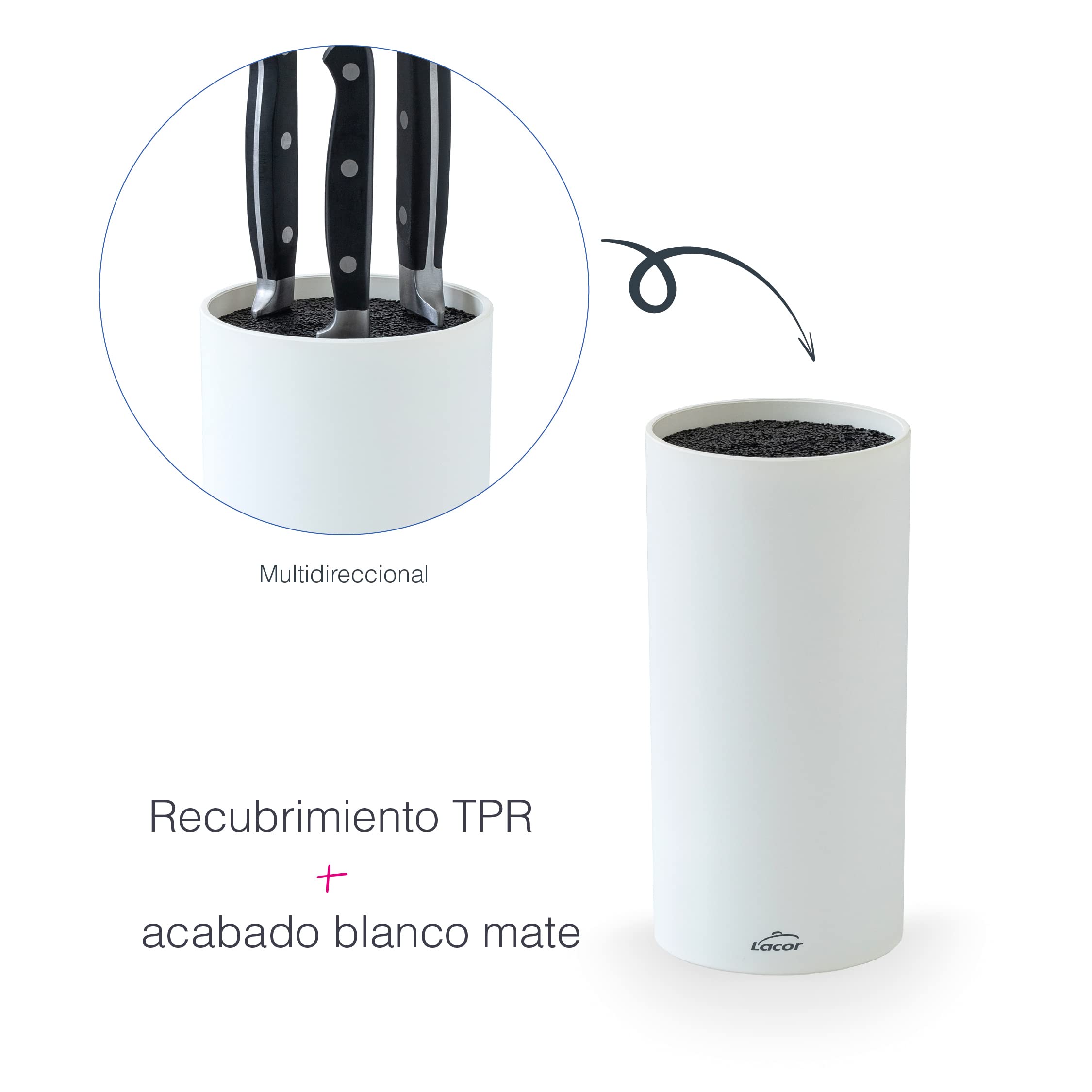 Lacor - 39037 - Taco de Cuchillos White, Bloque Universal para Cuchillos, Multidireccional, Color Blanco mate, Ø11cm, Altura 22cm, Apto para Lavavajillas.