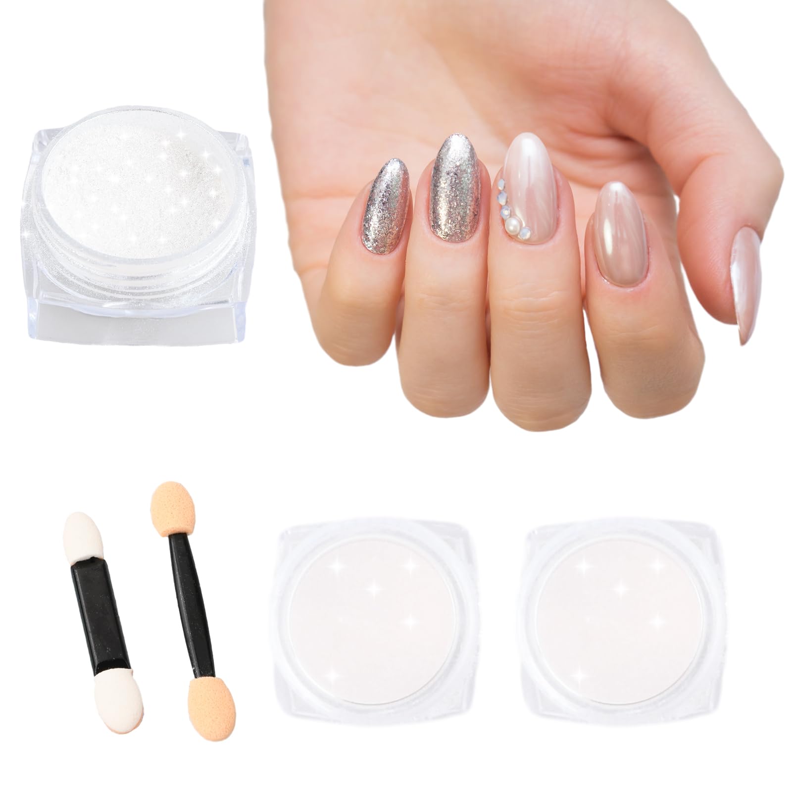 2 pezzi di polvere per unghie cromata, perla bianca cromata, polvere glitterata, effetto perla, effetto neonail, glassato, ciambella, polvere glitterata, pigmento cromato per nail art, manicure fai da