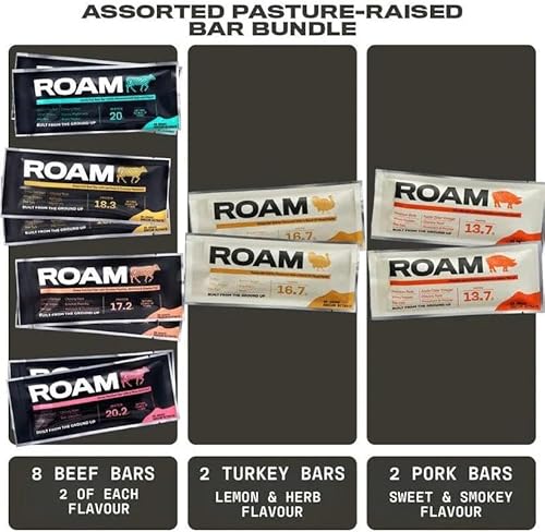Roam Natural Proteinriegel, 12 x 45g Gesunde Snacks – Ideal für Carnivore Diät, Glutenfrei & Keto-freundlich – Mix aus Weiderind-Fleischriegeln (12 x 45g Bars)