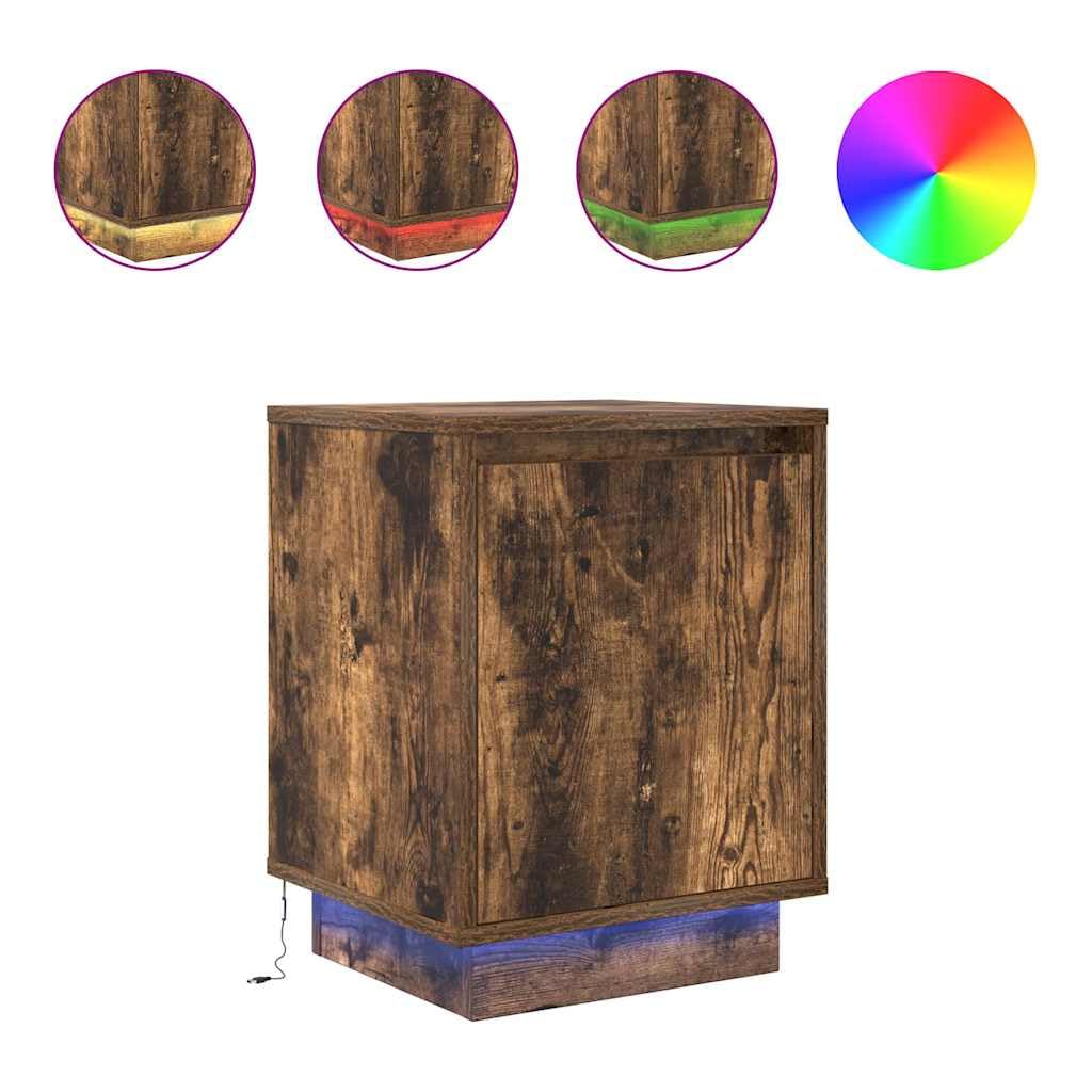 Szafka nocna z oświetleniem LED RGB, przydymiony dąb, 38x34x50 cm, z drewnopochodnego materiału odpornego na wilgoć. Posiada dużo miejsca do przechowywania książek i szklanek oraz