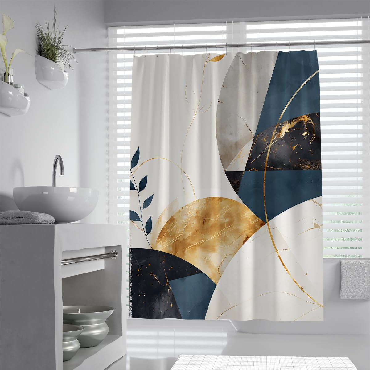 UIRINGART Shower Curtain W120xL180cm Water Repellent Mould Resistant Abstract Geometric Navy Blue Gold Foil Circle Leaf Pattern Polyester Fabric Bath Decor with Hooks