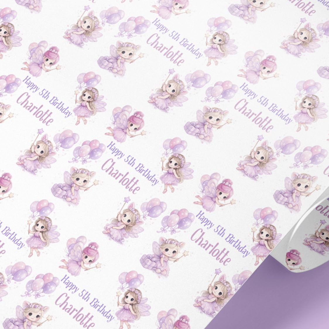 Personalised Fairy Wrapping Paper – Pink & Purple Fairy Birthday Gift Wrap Any Name Any Age (7mt)
