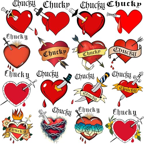 16 PCS Chucky Heart Tattoos Bride Of Chucky Halloween Temporary Tattoo Sticker, Realistic Fake Bleeding Impaled Heart Chucky Tattoos Halloween Costume Cosplay Party Favor Supplies Rave Accessories