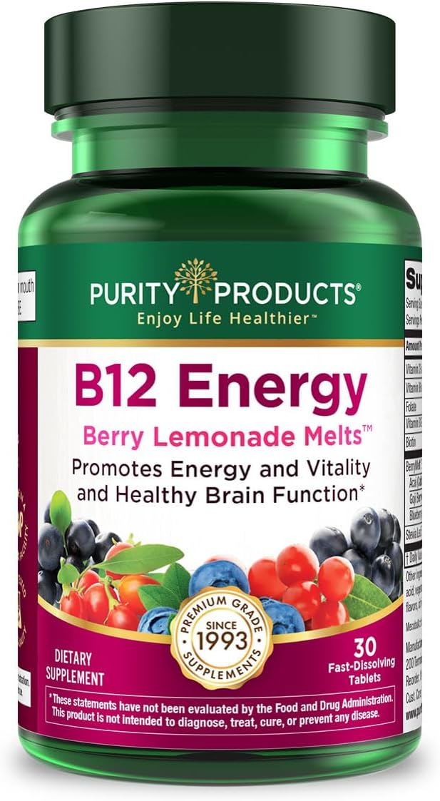 Purity Products B-12 Energy Berry Lemonade Melt w/Super Fruits Methylcobalamin B12 – Vitamins B6, D3, Folic Acid and Biotin – High Absorption MecobalActive B 12-30 Melting Tablets
