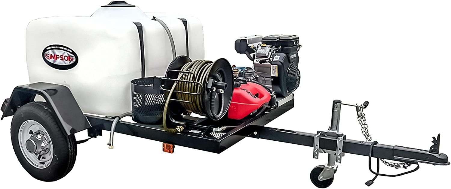SIMPSON Cleaning Mobile Trailer 4200 PSI Cold Water Gas Pressure Washer System, 4.0 GPM, Vanguard Engine with Electric Start, 100-ft. Hose, 150-Gallon Tank, 95004