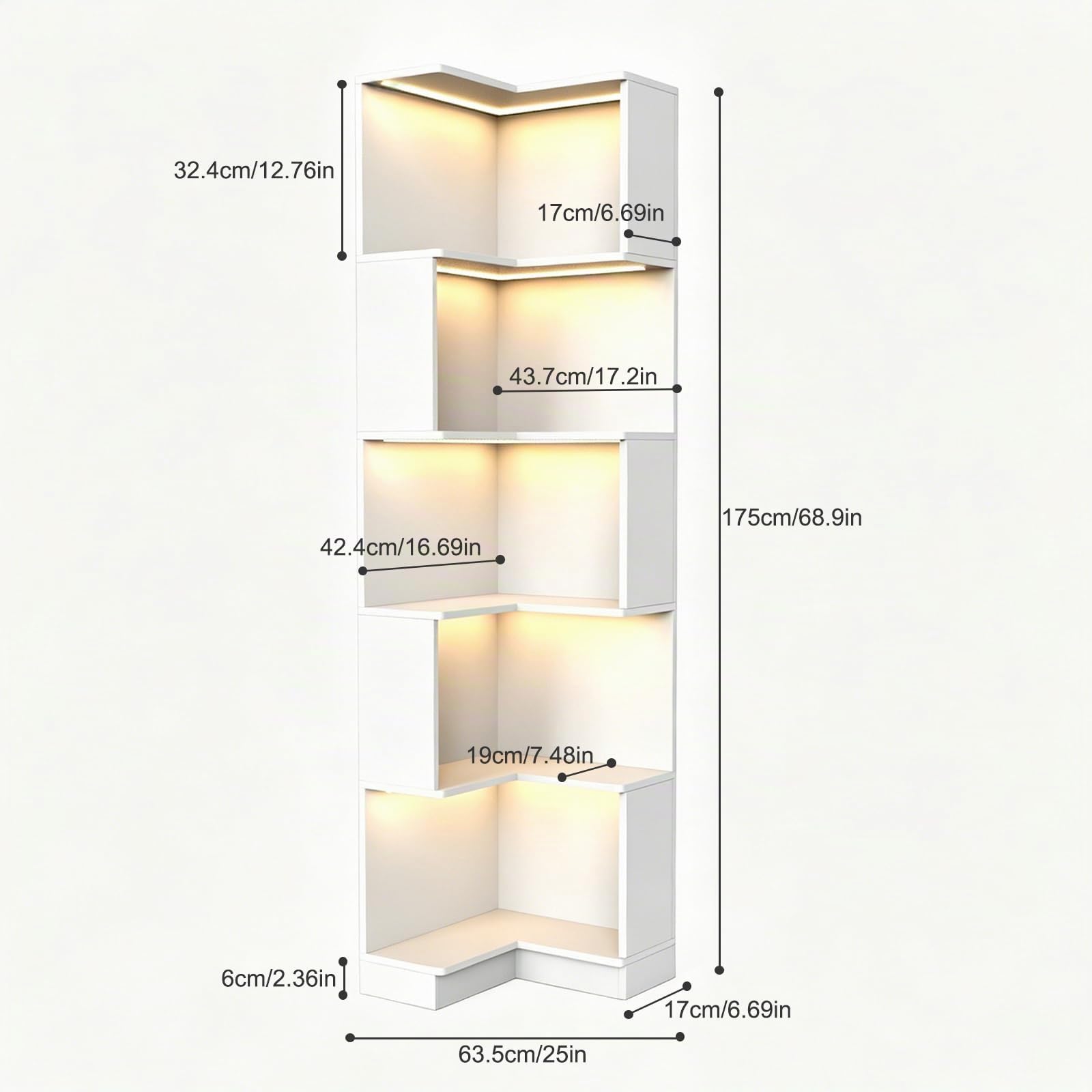 TWSOUL Eckregal mit LED-Beleuchtung, 175cm 5 Ebenen L-Form Bücherregal, Modernes Standregal aus Holz, für Wohnzimmer, Schlafzimmer, Büro, Küche & Bad, Weiß