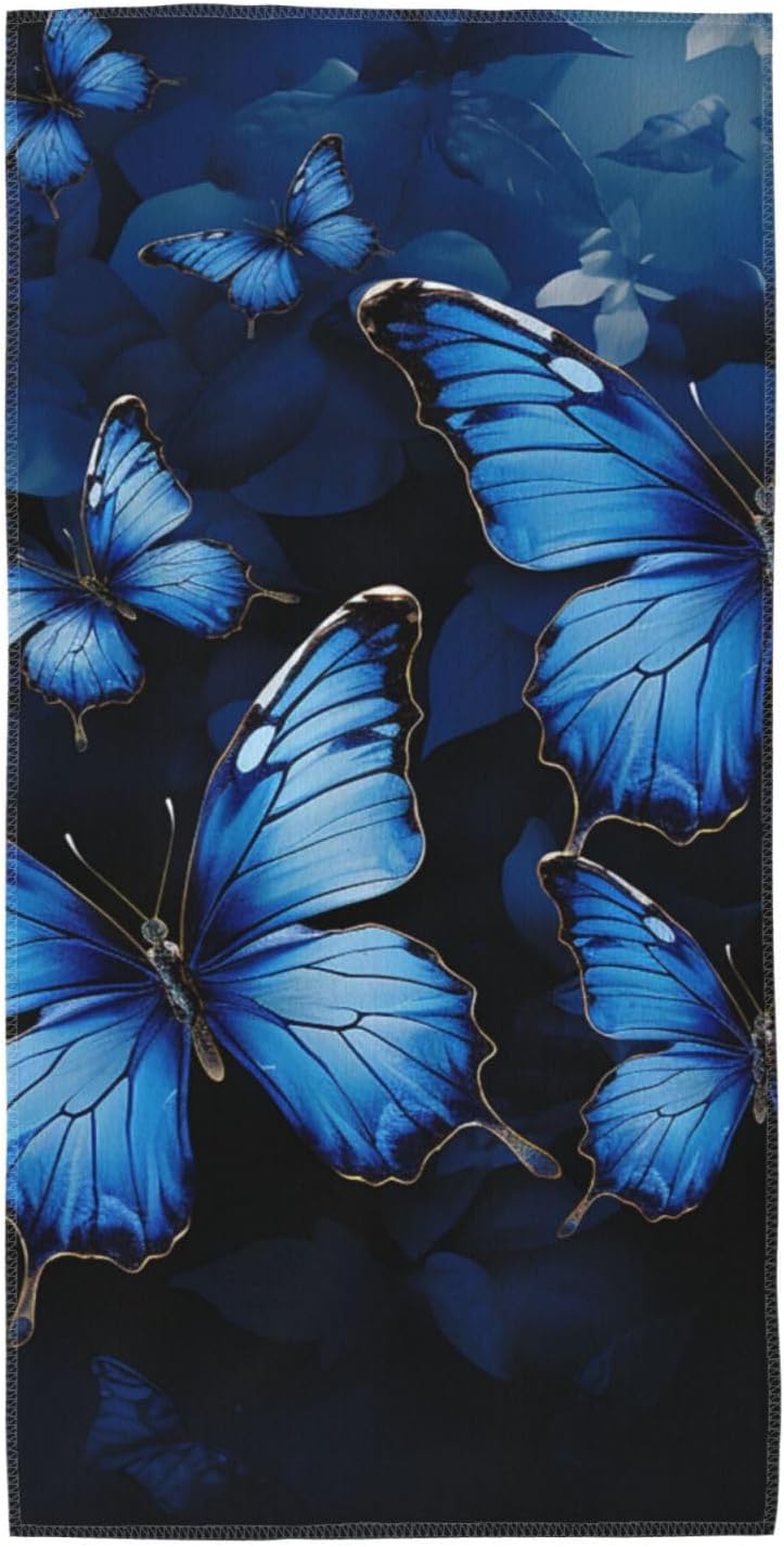 Dark Blue Butterflies Bath Towels 13.8″x27.5″ Lightweight Microfiber Fingertip Hand Towels Wash Coths Quick Dry Absorbent Gym Towel Ultra Soft Beach Towel for Yoga, Hotel, Spa, Travel