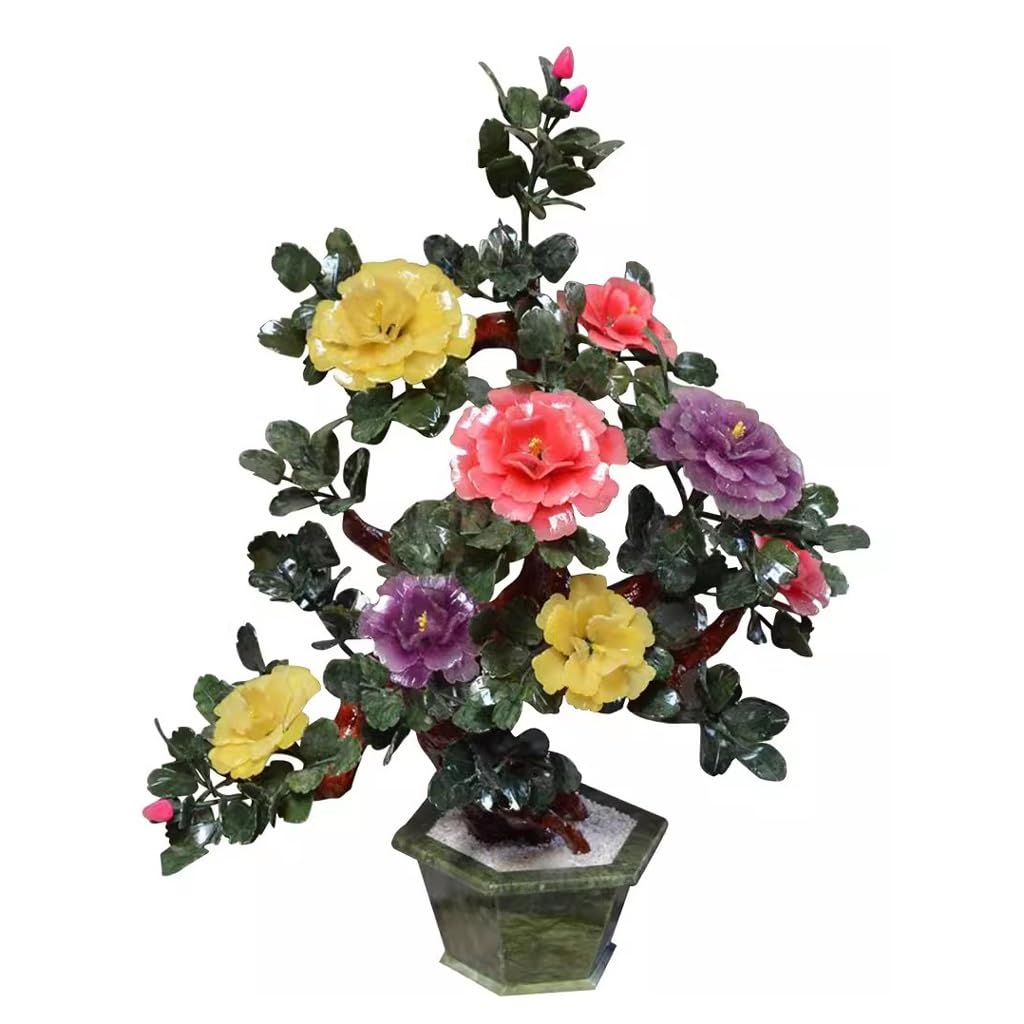 DFGHNBVC Artificial Bonsai Tree Jade Carving Peony Flower Creative Jade Tea Table Flower Stand Handicraft Ornament Bedroom Decoration Bonsai Desktop Display Fake Plant Greenery Decor,