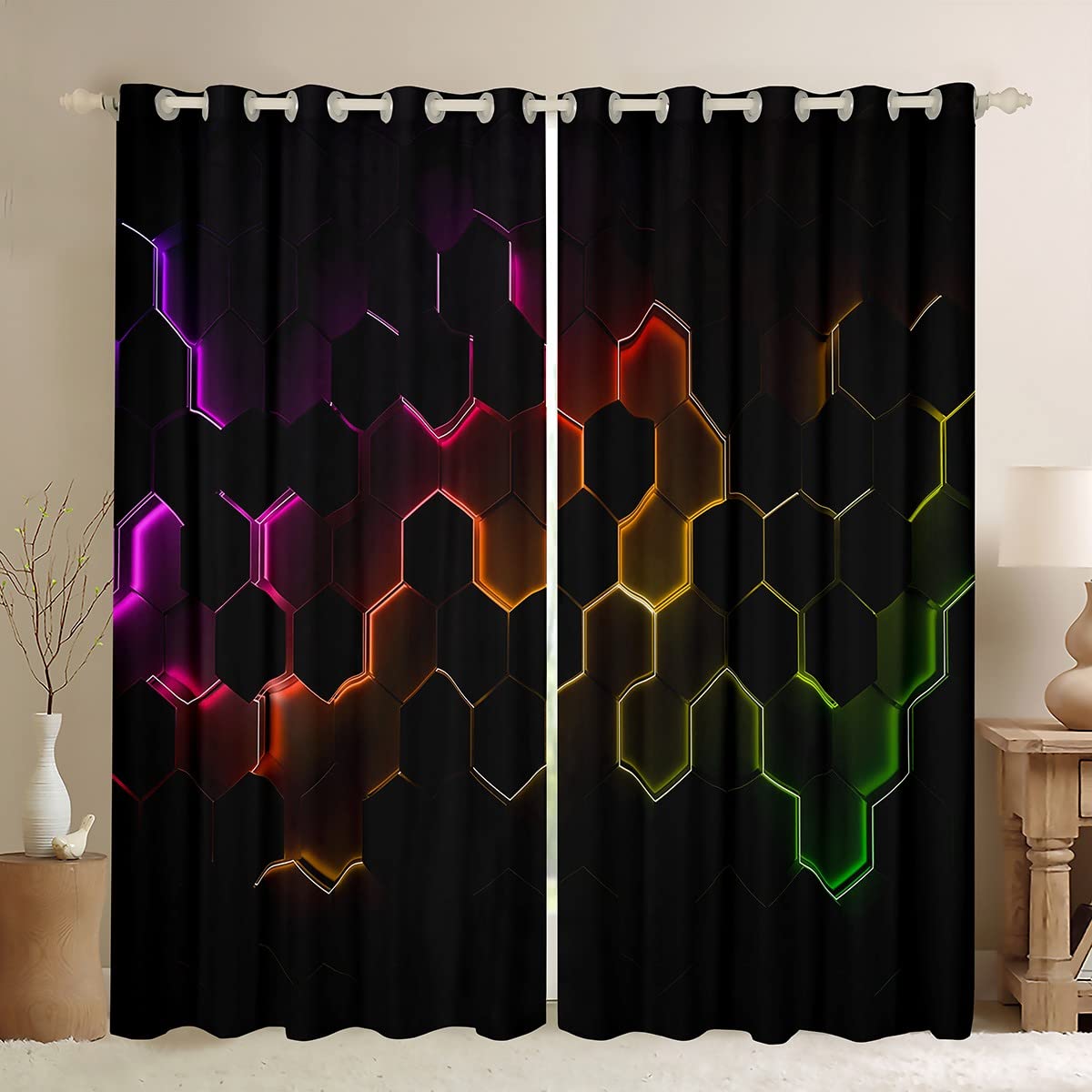 3D Honeycomb Curtains for Bedroom Multicolor Hexagonal Window Treatment Beehive Window Drapes Abstract Soft Decor Window Draperies for Kids Boys Girls Adults W52*L90