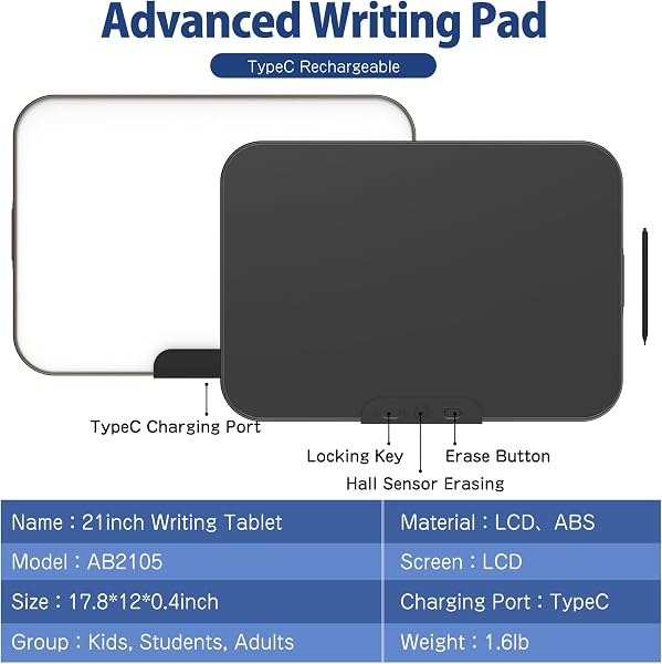 Tableta de escritura LCD transparente de 21 pulgadas, tablero de dibujo inteligente grande recargable para escribir a mano, tablero electrónico de garabatos para adultos - 3