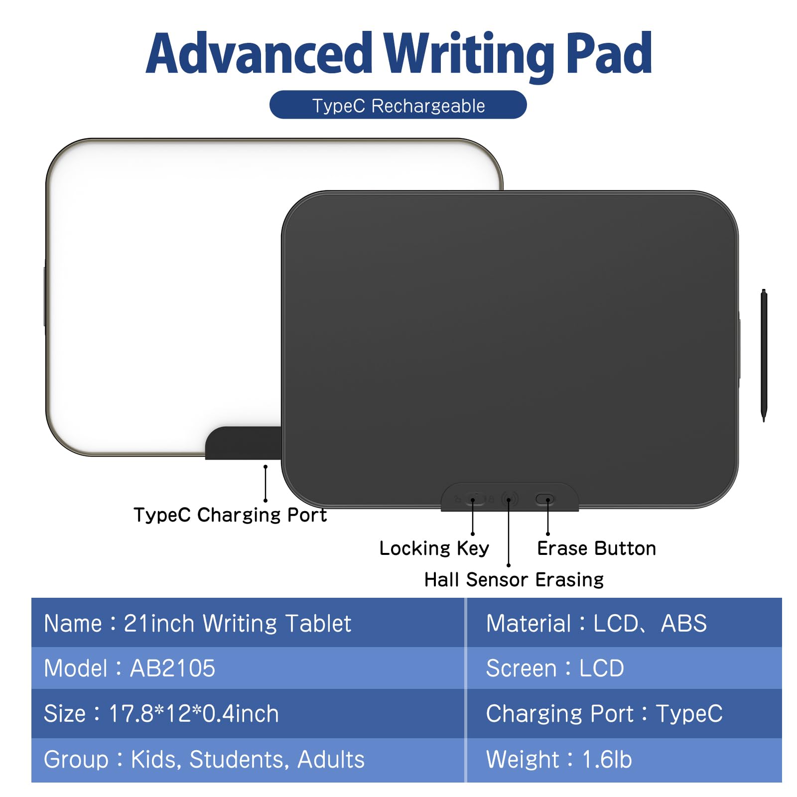 Tableta de escritura LCD transparente de 21 pulgadas, tablero de dibujo inteligente grande recargable para escribir a mano, tablero electrónico de garabatos para adultos - 4