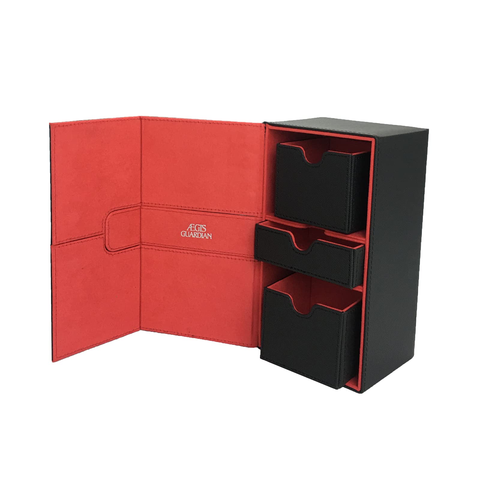 AEGIS GUARDIAN Card Deck Box Hold 200+ Double Sleeved Cards, Commander Deck Box with 3 Tray for TCG MTG CCG, Deck Game Case PU Leather 7 Strong Magnets, Red Ineer