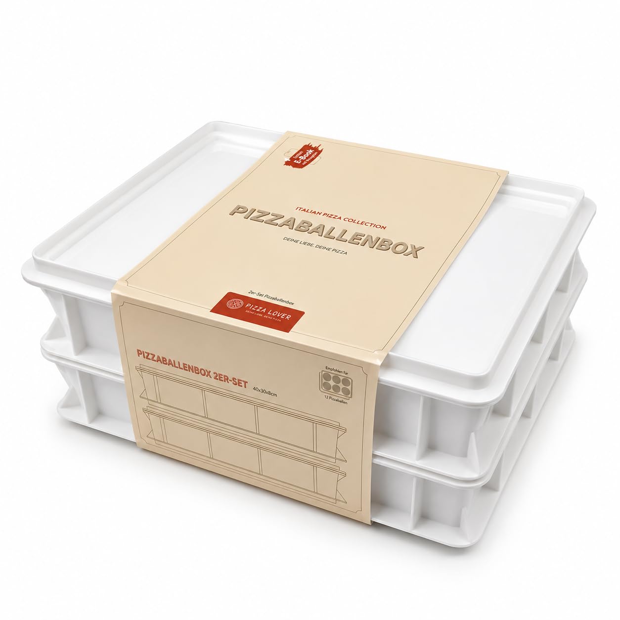 Pizza Lover 2 x pudełko na pizzę z 2 pokrywkami – stabilne pudełko na ciasto do pizzy 30 x 40 x 7,5 cm, pudełko do fermentacji ciasta na pizzę i ciasto, można układać w stos i nadaje się do kontaktu z