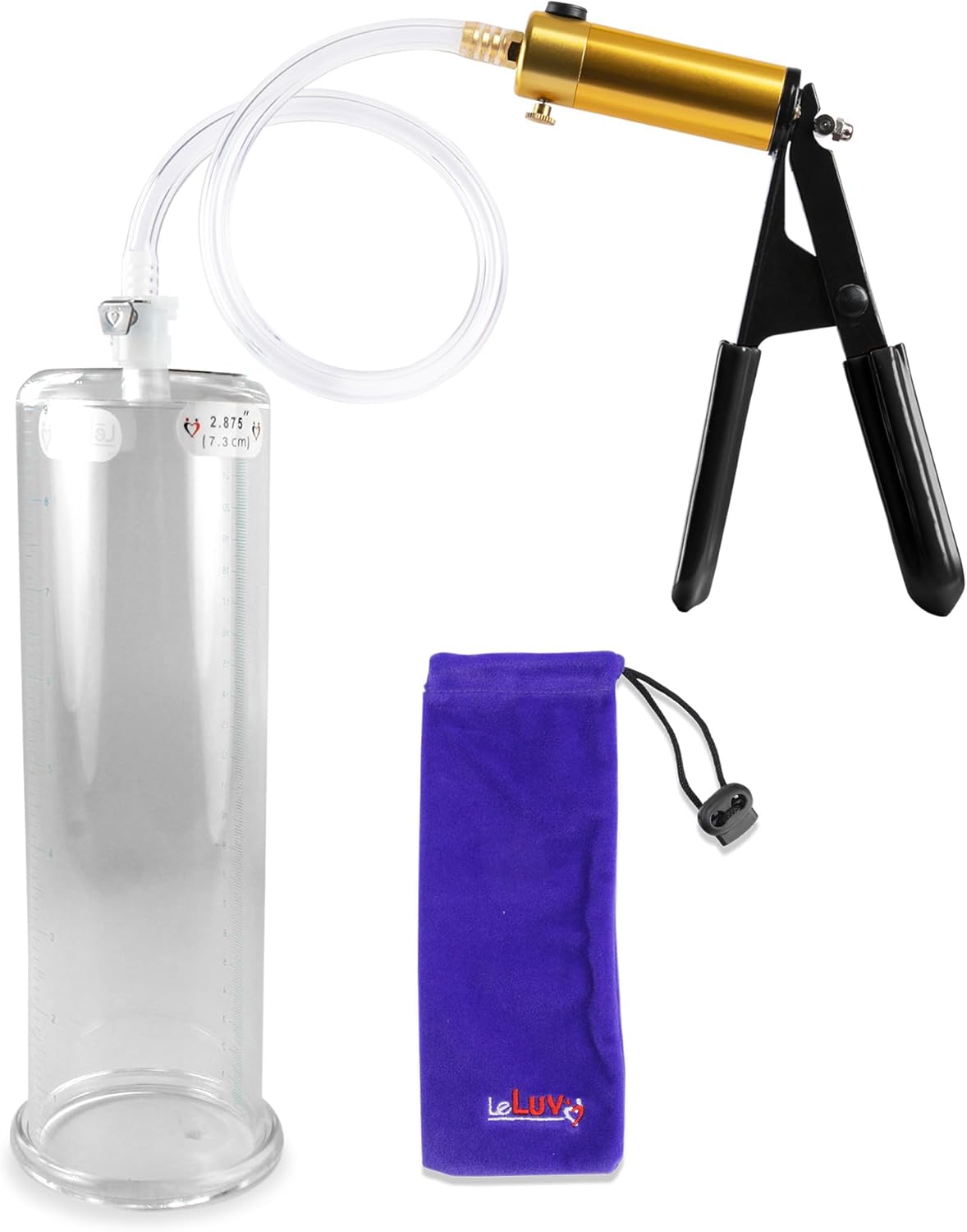 LeLuv Ultima Brass Penis Pump Kit, Black w/Rubber Grips, Clear Hose - 9" x 2.875" Cylinder