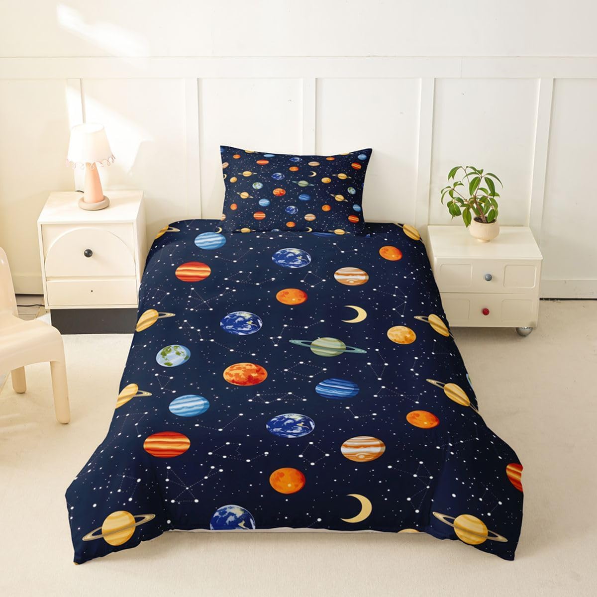 Castle Fairy Cartoon Planets Duvet Cover Set Toddler Cool Galaxy Bedding Set with 1 Pillowcase Outer Space Comforter Cover Kids Boys Bedroom Decor No Comforter Navy Blue