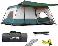 JOYFOX Barraca Grande para 8-12 Pessoas 380x260x195cm com 3 Portas, Toldo Frontal, Alta Ventilação e Estrutura Manual – Ideal para Camping em Família
