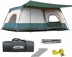 JOYFOX Barraca Grande para 8-12 Pessoas 380x260x195cm com 3 Portas, Toldo Frontal, Alta Ventilação e Estrutura Manual – Ideal para Camping em Família