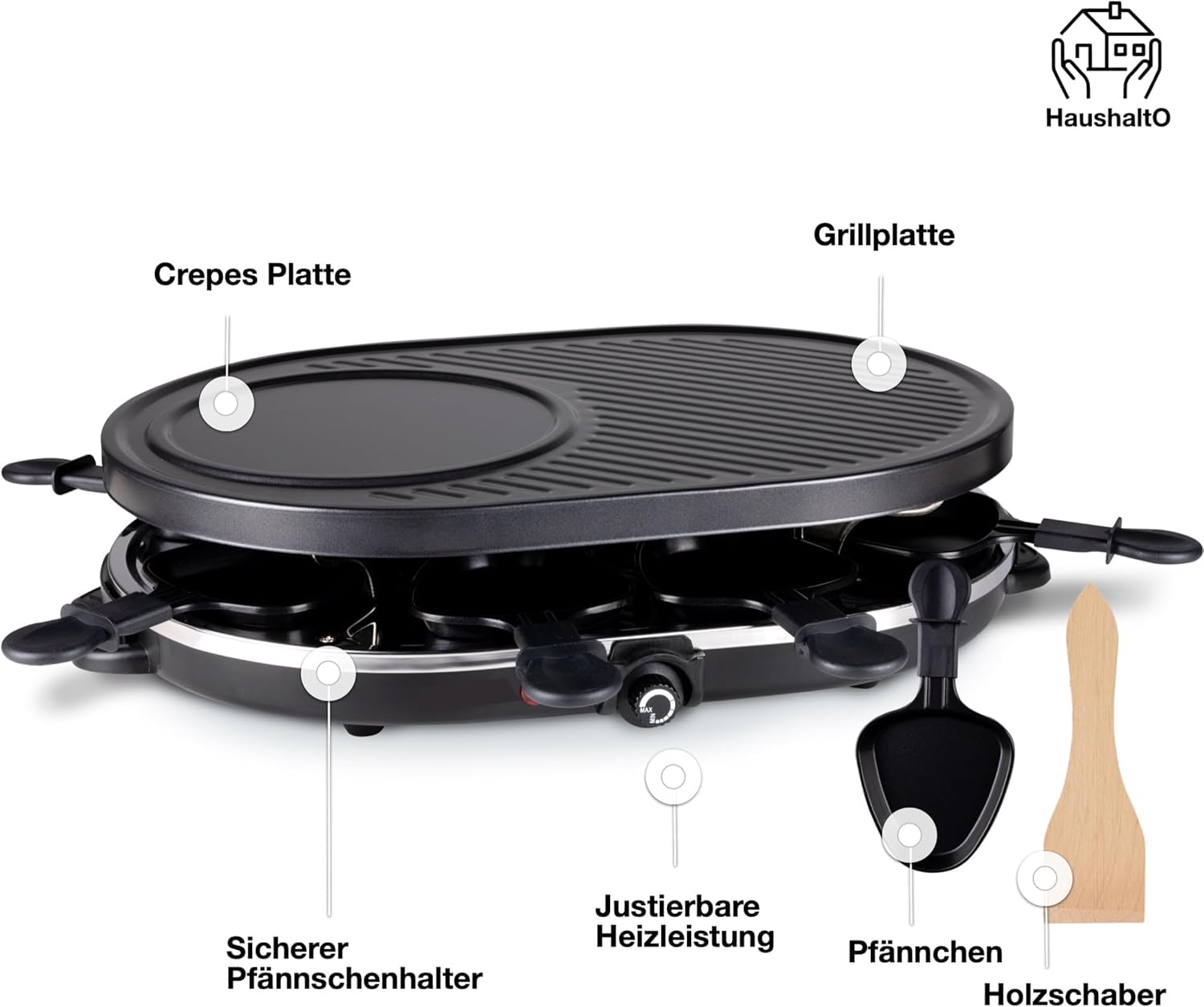 Raclette Set für 8x Personen - antihaftbeschichtet- Tischgrill inkl. Pfännchen & Schaber (Rund)
