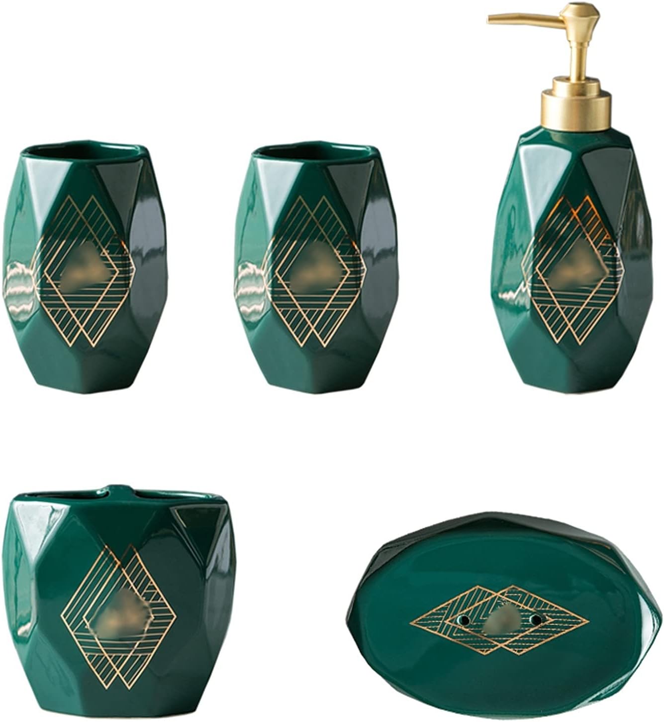 Soap Dispenser Handmade Diamond-Shaped Ceramic Soap Dispenser 5-Piece Home Bathroom Lotion Bottle/mouthwash Cup/Toothbrush Bucket/soap Dish Green Liquid soap Dispenser