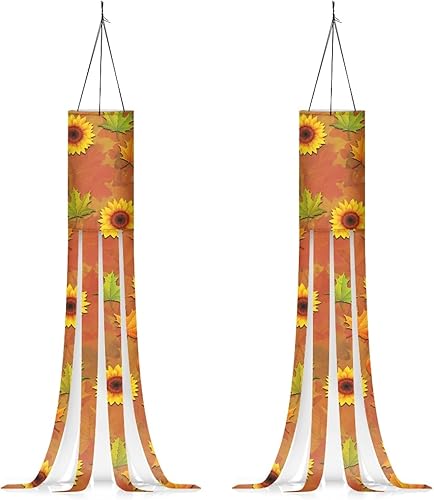 TINYAT 2 calcetines de viento con estampado de hojas de girasol otoñales para colgar al aire libre, calcetines de viento de 40 pulgadas con colas,