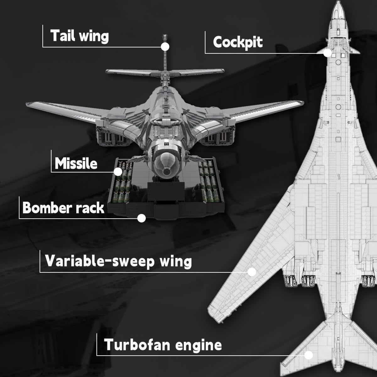 B-1 Lancer Bomber klocki konstrukcyjne, model wojskowego samolotu bojowego 1:35 ze stojakiem i bronią, techniczne klocki konstrukcyjne samolotu, model sił powietrznych dla dorosłych i kolekcjonerów
