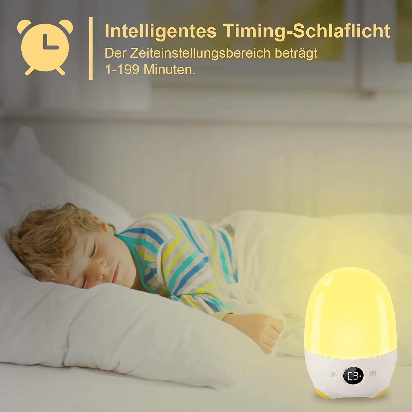 Veilleuse LED pour enfants, lampe de chevet avec réveil, minuteur, rechargeable par USB, lampe de table d'ambiance à intensité variable
