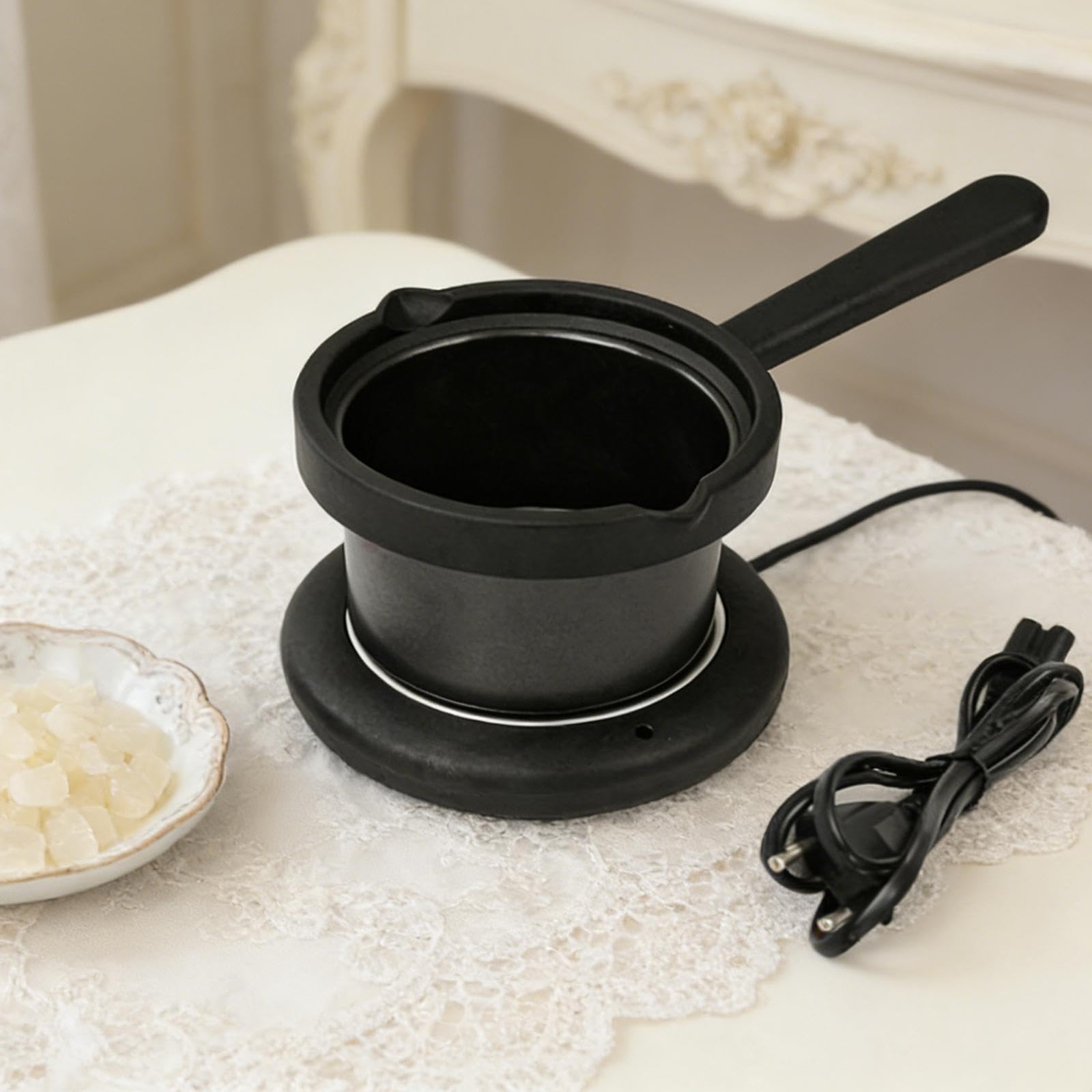 Scaldacera elettrico professionale da 200 ml per uomo e donna con manico, robusto e compatto, ideale per la depilazione la creazione di candele, Nero