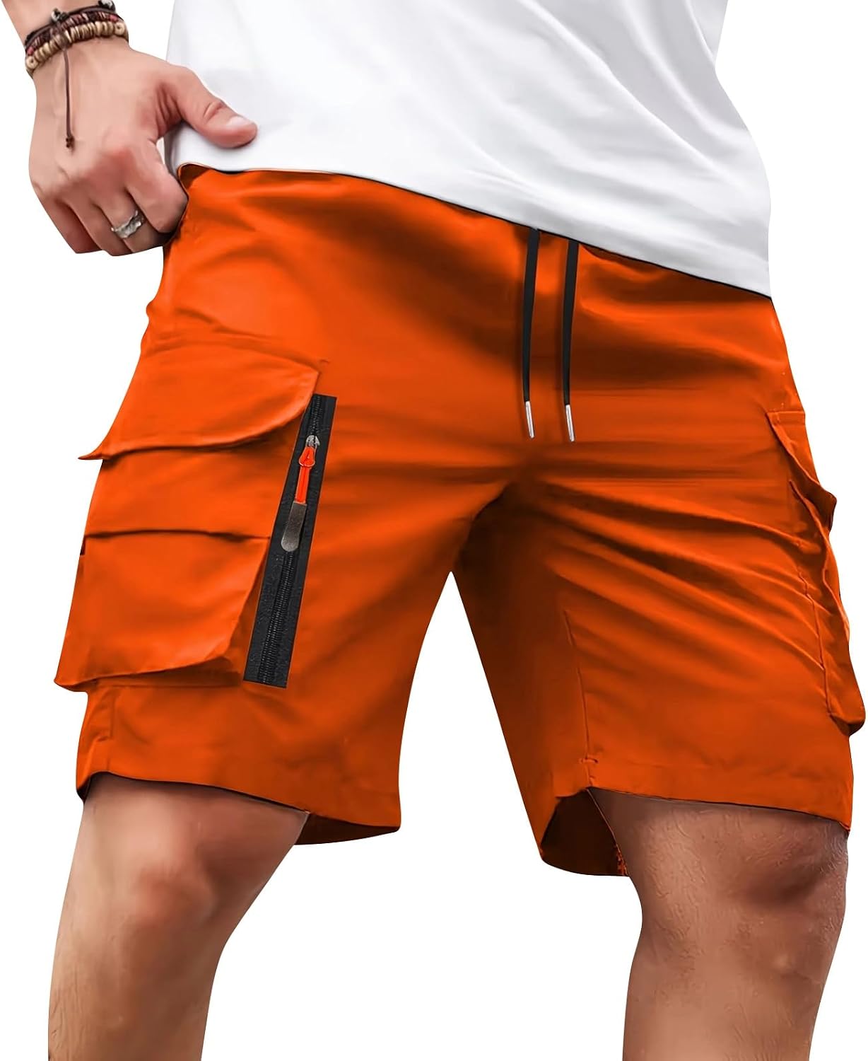 Men's Tactical Cargo Shorts with Zipper Side Pockets Quick Dry Lightweight Elastic Waist Shorts Outdoor