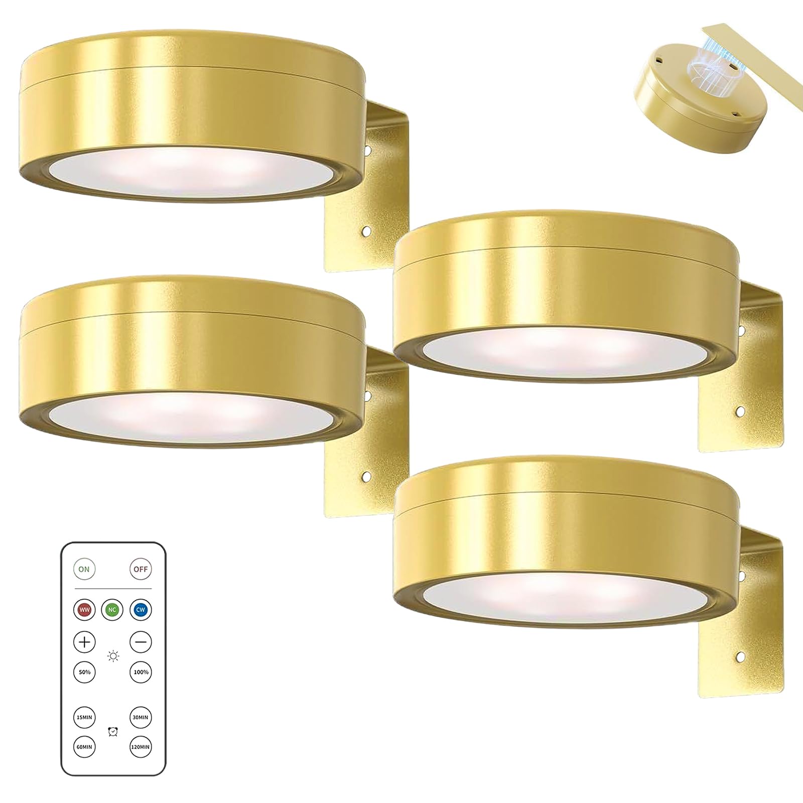 Lot de 4 lampes pour tableau sans fil avec 3 températures de couleur, lumière d'image avec télécommande, éclairage mural sans fil, minuterie à intensité variable, doré