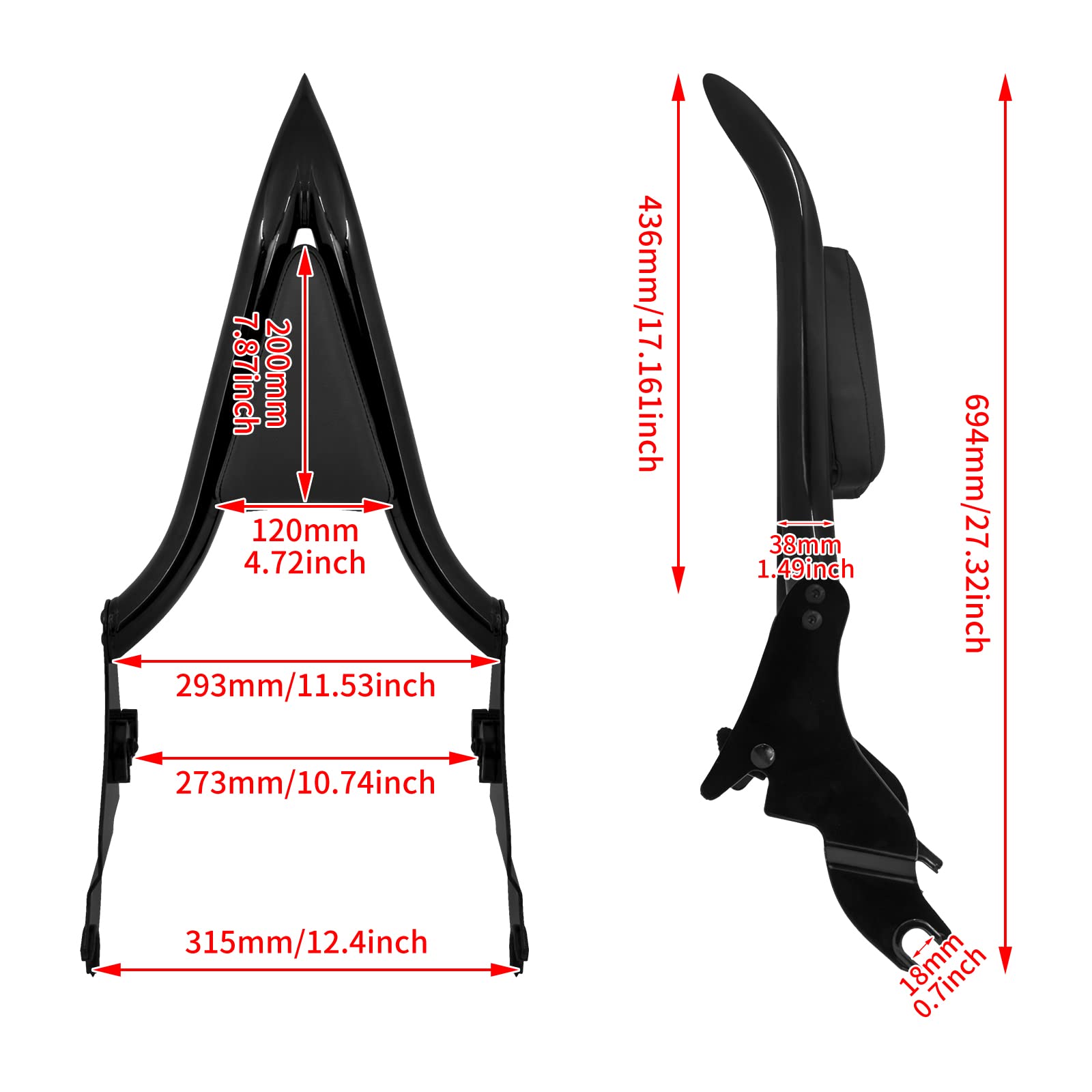Dossier passager arrière amovible pour moto Sissy Bar pour Harley Touring Road King Road Glide Street Glide 2009-2024 (40,6 cm, noir)