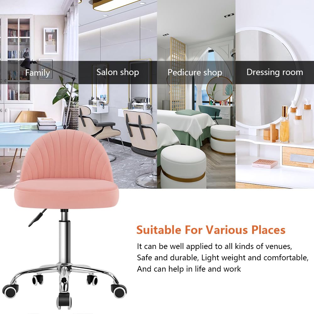 KKTONER Taburete giratorio de terciopelo con ruedas y respaldo ajustable en altura para dormitorio, hogar, maquillaje, cosméticos (rosa)
