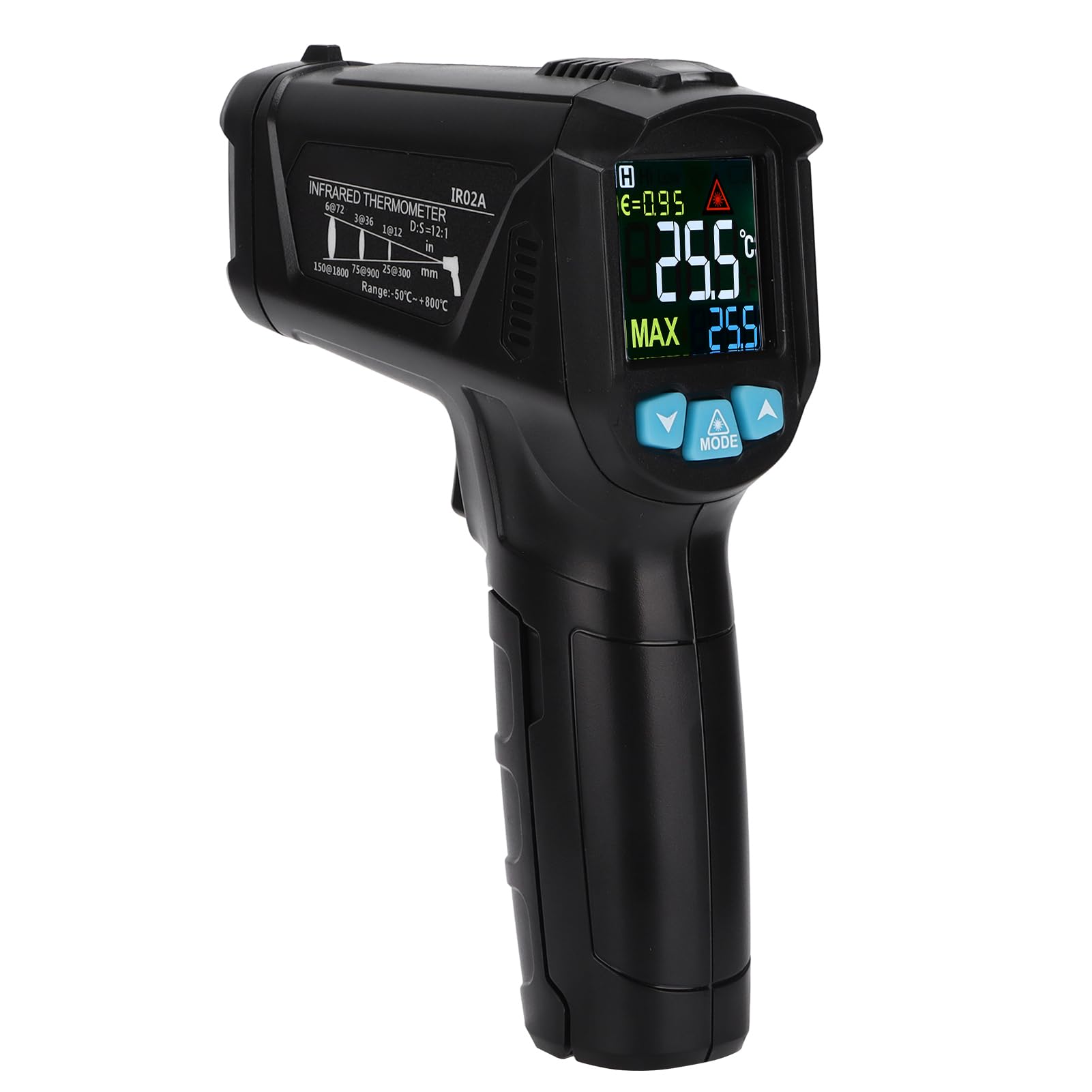 Termómetro infrarrojo IR02A - Medidor de temperatura digital sin contacto con rango de -50 ℃ a 800 ℃ - Emisividad ajustable y pantalla a color - para sistemas de aire