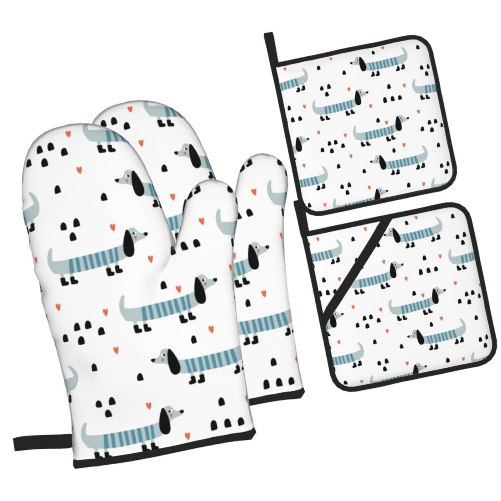 Cute Dachshund Oven Mitts and Pot Holders Sets, Christmas Oven Mitt Kitchen Heat Resistant Non-Slip Pot Holders Set for Cooking Baking BBQ