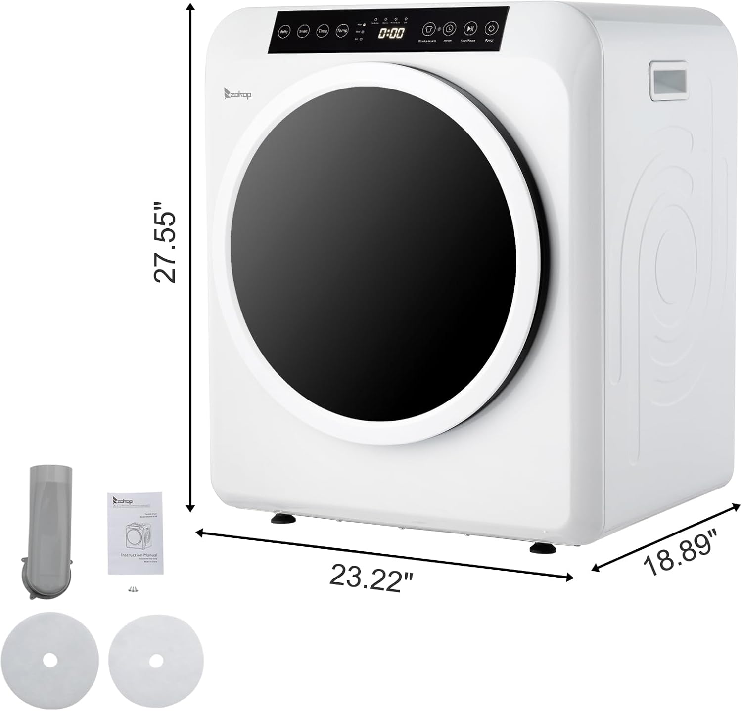 Dryer dimensions and included accessories