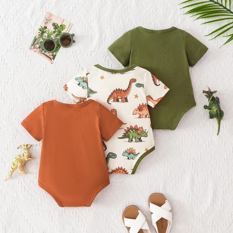 Newborn Baby Bodysuits Boy Clothes Essentials 3 Pack Short Sleeve Infant Summer Outfits Dinosaur Gifts Set