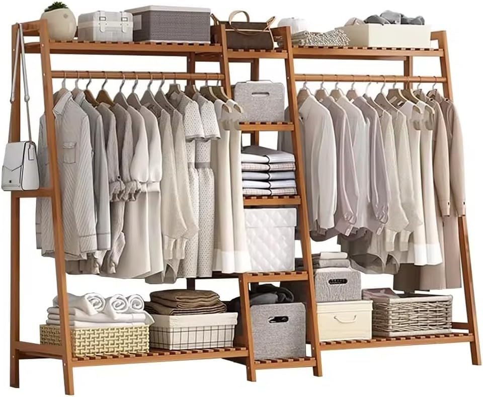 Penderie ouverte en bambou naturel, vestiaire durable avec tringle et étagères