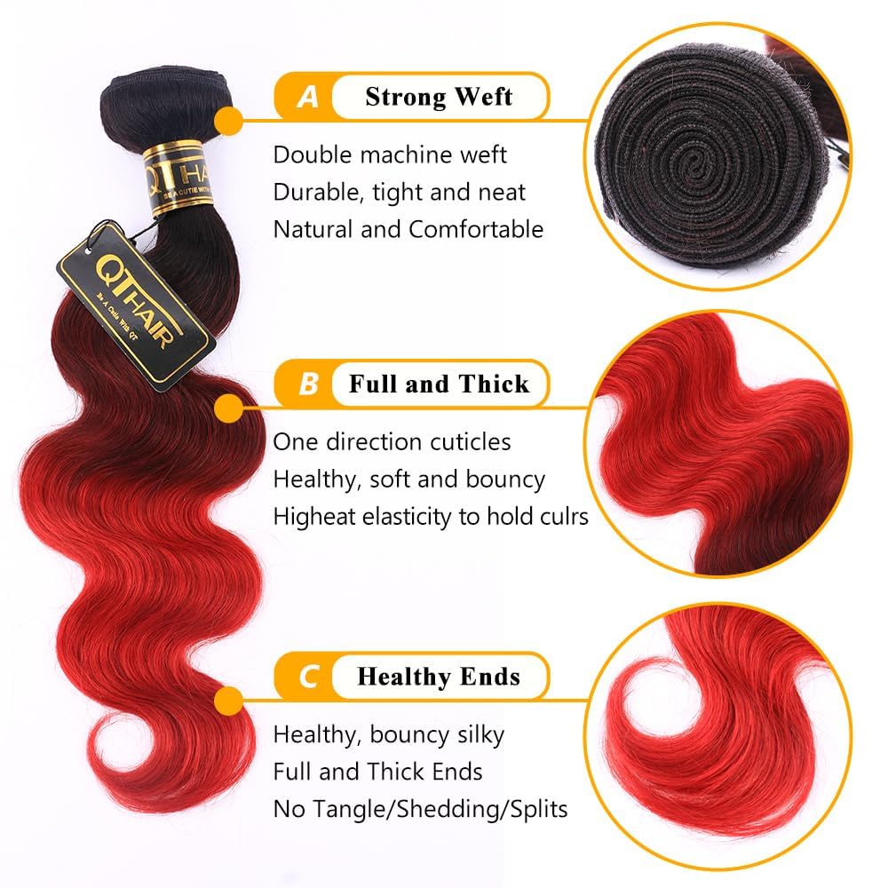 QTHAIR 18A Grade Ombre Body Wave Human Hair Bundles with 4X4 Lace HD Closure Free Part (16" 18" 20"+14", 1B/4/Red) Brazilian Virgin Unprocessed 3 Tone Ombre Bundles with Closure
